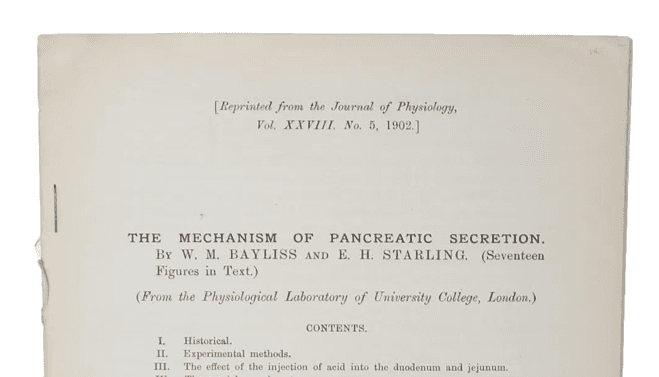 Title page of Bayliss and Starling, The Mechanism of Pancreatic Secretion, reprinted from the Journal of Physiology, 1902.